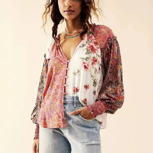 Free People XS Patchwork Floral Paisley Gemini Blouse – New with Tags - Picture 1 of 6